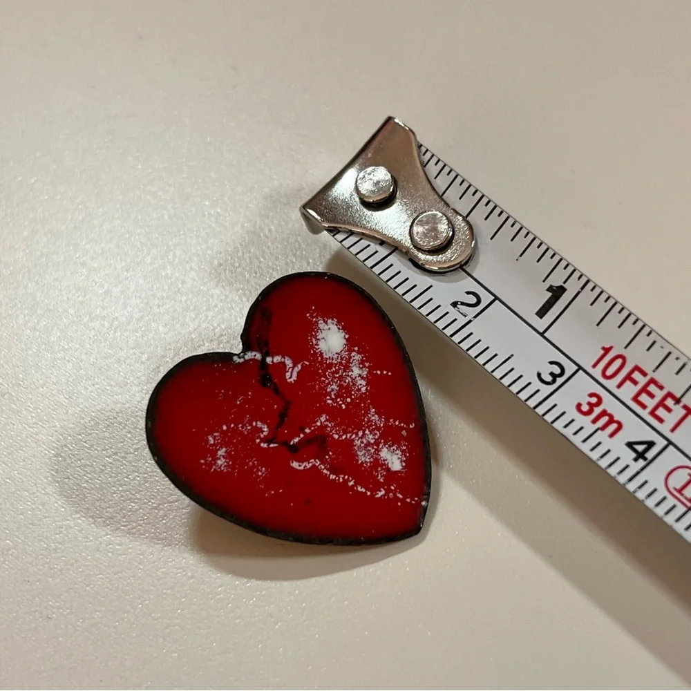 Vintage 1960 70 MCM modernist  Red Enamel Broken Heart copper Goth Brooch Pin
